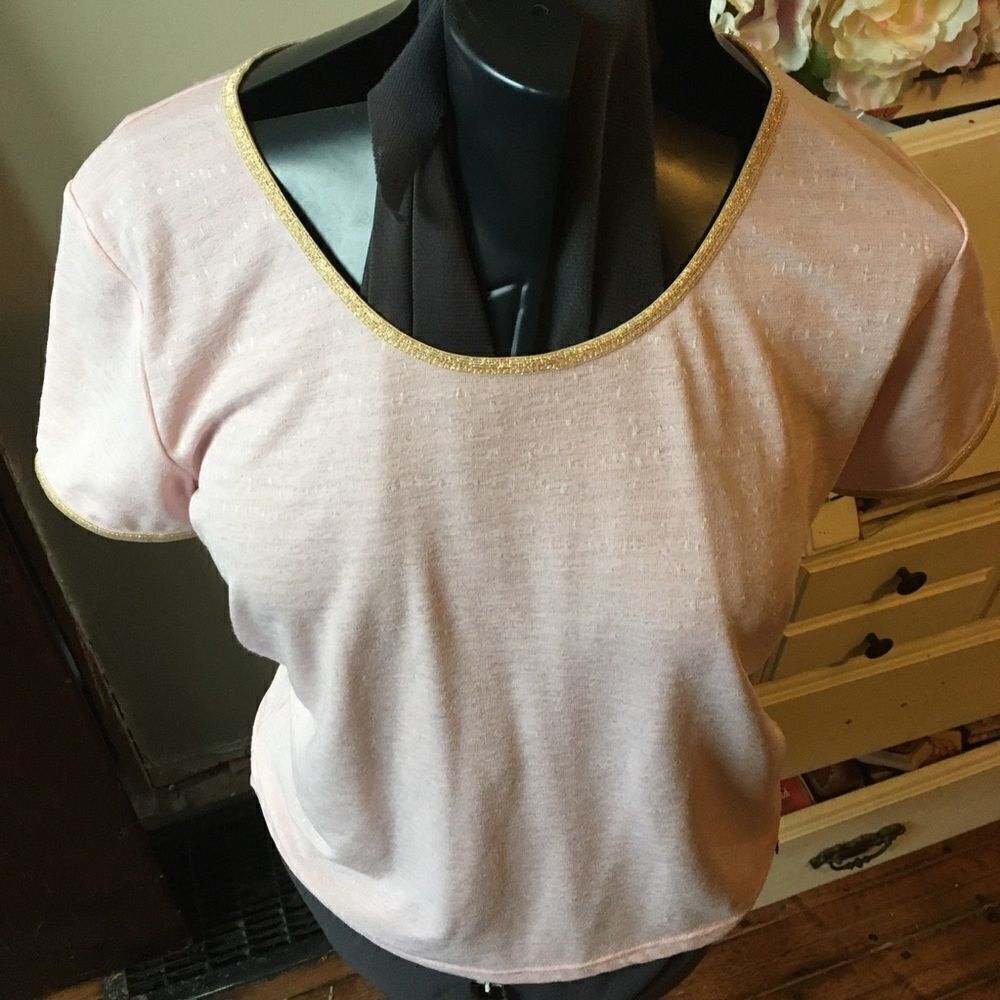Numph Anthropologie pink & white heathered top with gold neckline